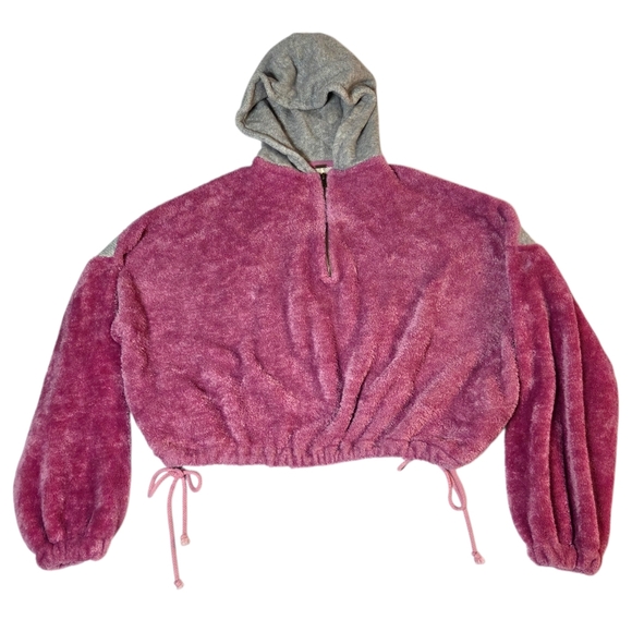 Free People Fuzzy Cropped Oversized Half Zip Soft Hoodie Pink Gray Large - Picture 2 of 11